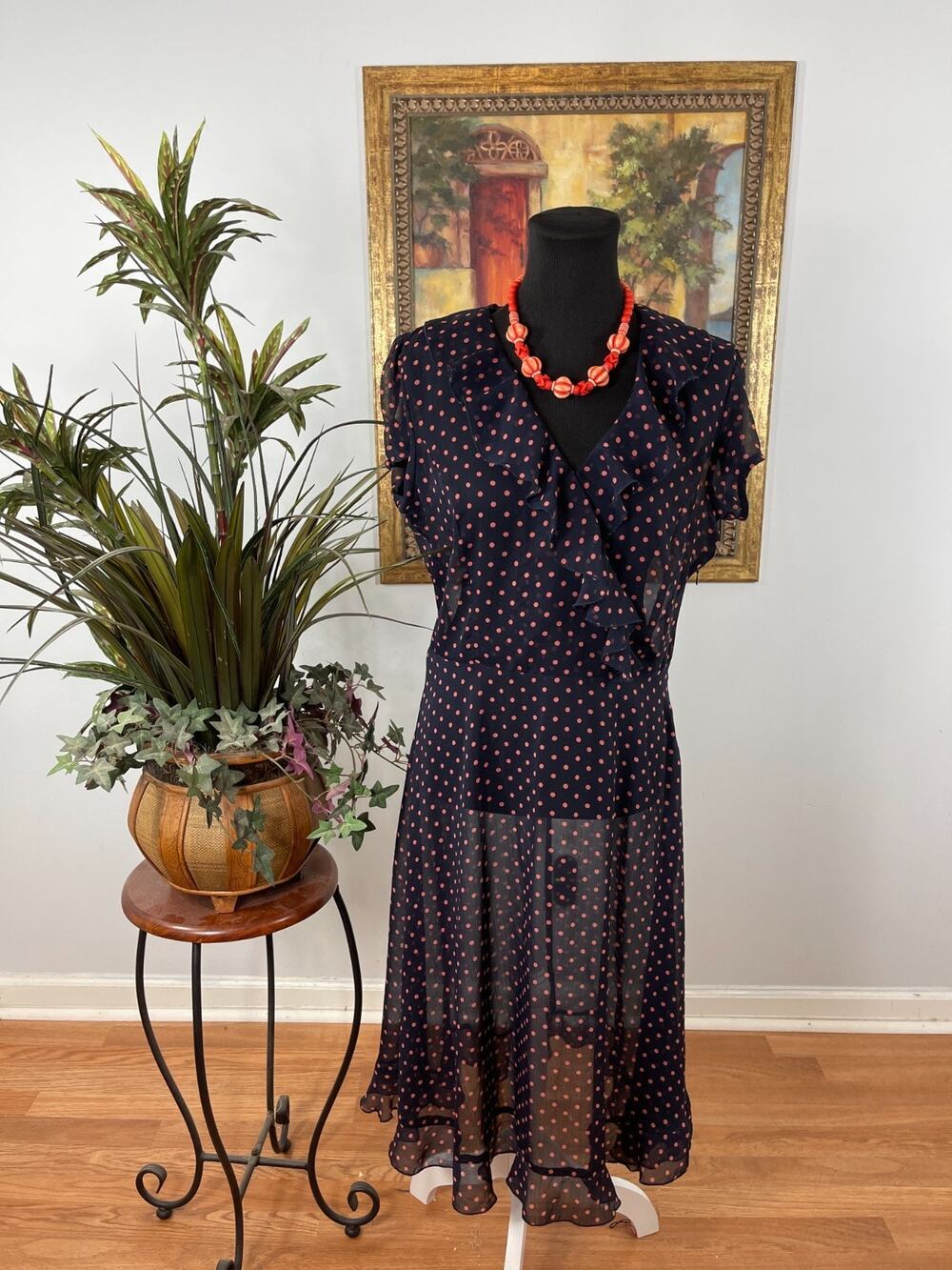 Dressbarn Midi Dress Women Size 12 Navy Polka Dot Ruffle V-Neck Modest Whimsical